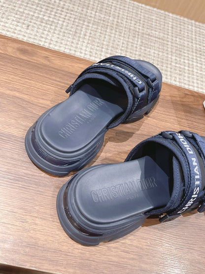 DIOR PLATFORM SLIDES 25S 30 MM IN MIDNIGHT BLUE FABRIC AND CALFSKIN