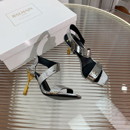 BALMAIN 25S HIGH HEEL SANDALS 95MM IN SILVER GLOSSY CALFSKIN