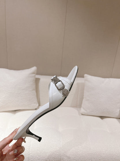 BALENCIAGA 25S HIGH-HEEL SANDALS IN WHITE COW LEATHER WITH RHINESTONE STRAP