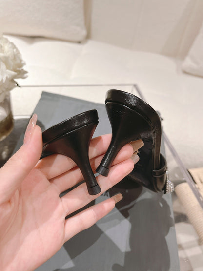 BALENCIAGA 25S HIGH-HEEL SANDALS IN BLACK COW LEATHER WITH RHINESTONE STRAP