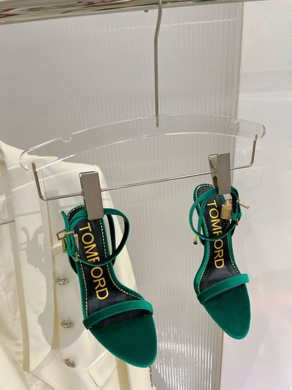 PADLOCK HIGH HEEL 10 CM SANDAL IN TEAL GREEN VELVET
