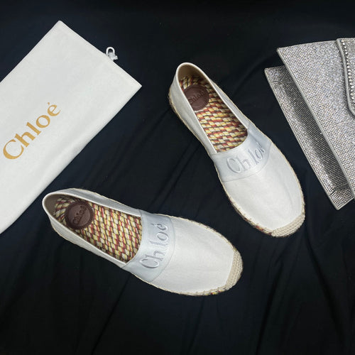 CHLOÉ WOVEN LOAFER IN WHITE DENIM AND COLORFUL RAFFIA