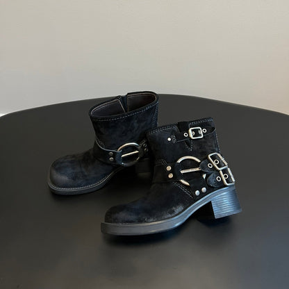 MIUMIU 26S ANKLE BOOTS IN BLACK SUEDE SILVER HARDWARE