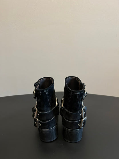 MIUMIU 26S ANKLE BOOTS IN BLACK SUEDE SILVER HARDWARE