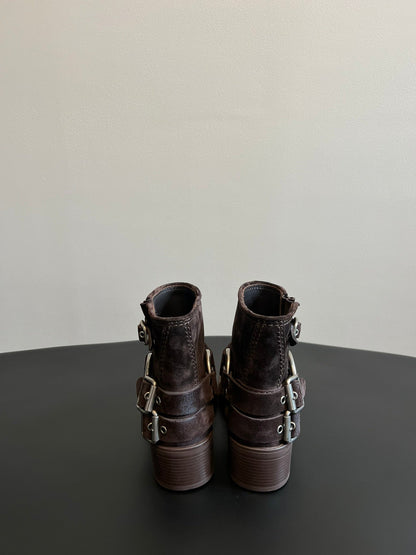 MIUMIU 26S ANKLE BOOTS IN DARK BROWN SUEDE SILVER HARDWARE