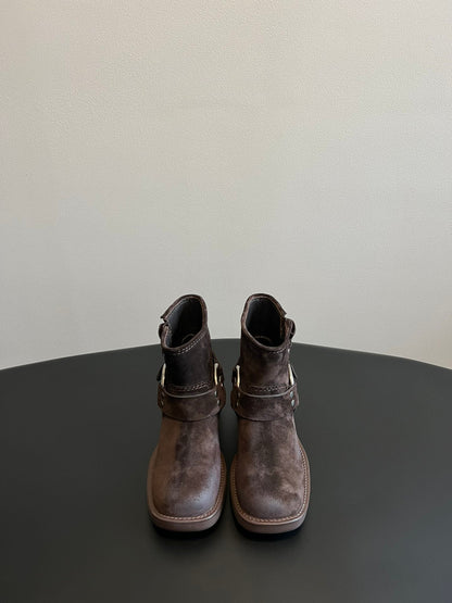 MIUMIU 26S ANKLE BOOTS IN DARK BROWN SUEDE SILVER HARDWARE