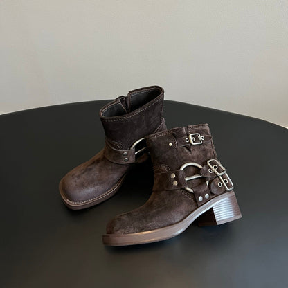 MIUMIU 26S ANKLE BOOTS IN DARK BROWN SUEDE SILVER HARDWARE