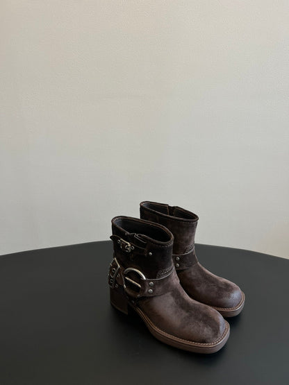 MIUMIU 26S ANKLE BOOTS IN DARK BROWN SUEDE SILVER HARDWARE