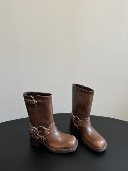 MIUMIU 26S MID-CALF BOOTS IN BROWN CALFSKIN SILVER HARDWARE