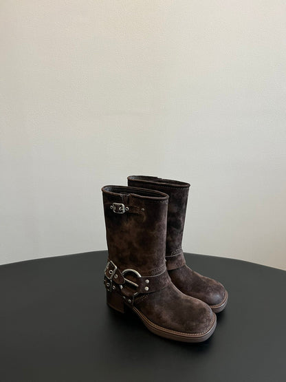 MIUMIU 26S MID-CALF BOOTS IN DARK BROWN SUEDE SILVER HARDWARE