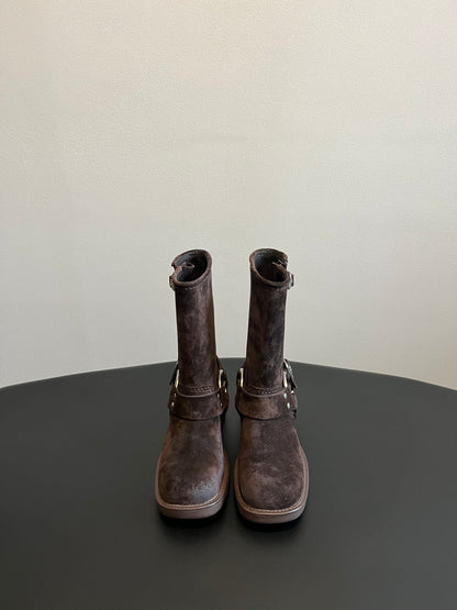 MIUMIU 26S MID-CALF BOOTS IN DARK BROWN SUEDE SILVER HARDWARE