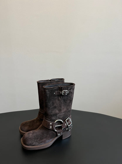 MIUMIU 26S MID-CALF BOOTS IN DARK BROWN SUEDE SILVER HARDWARE