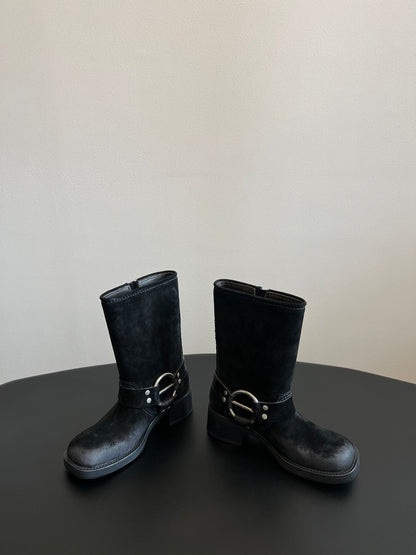 MIUMIU 26S MID-CALF BOOTS IN BLACK SUEDE SILVER HARDWARE