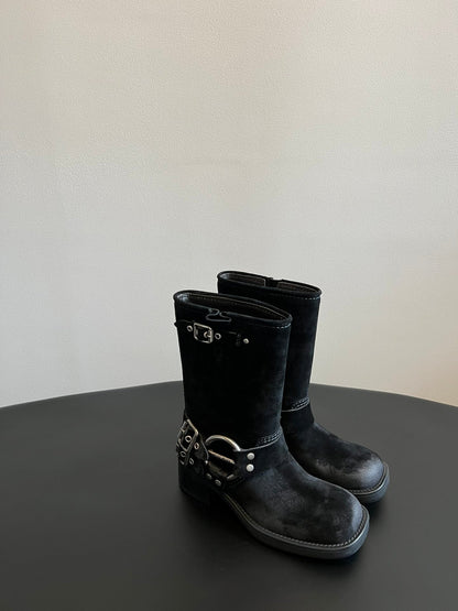 MIUMIU 26S MID-CALF BOOTS IN BLACK SUEDE SILVER HARDWARE
