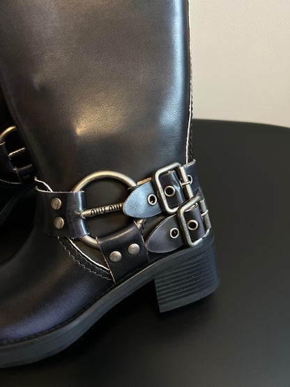 MIUMIU 26S KNEE-HIGH BOOTS IN BLACK CALFSKIN SILVER HARDWARE