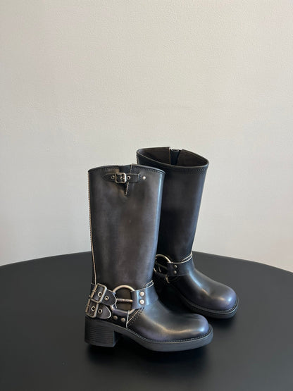 MIUMIU 26S KNEE-HIGH BOOTS IN BLACK CALFSKIN SILVER HARDWARE