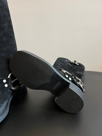MIUMIU 26S KNEE-HIGH BOOTS IN BLACK SUEDE SILVER HARDWARE