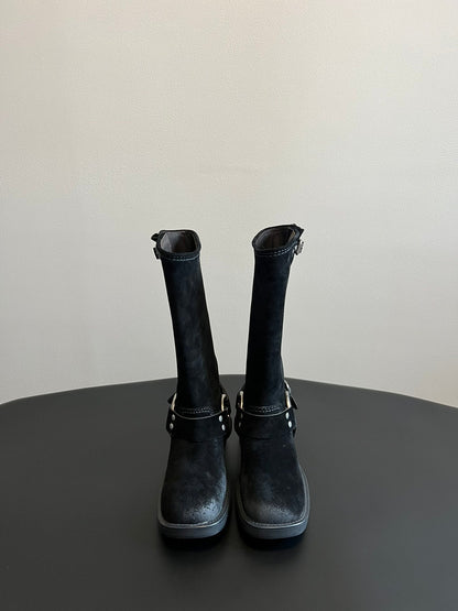 MIUMIU 26S KNEE-HIGH BOOTS IN BLACK SUEDE SILVER HARDWARE