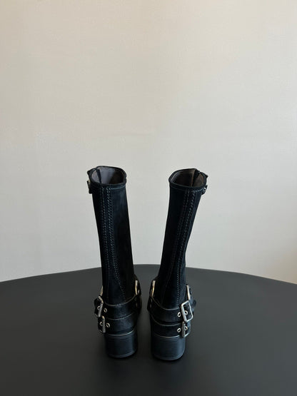 MIUMIU 26S KNEE-HIGH BOOTS IN BLACK SUEDE SILVER HARDWARE