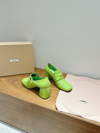MIUMIU 26S HEEL LOAFERS 75MM IN GREEN GLOSSY CALFSKIN GOLD HARDWARE