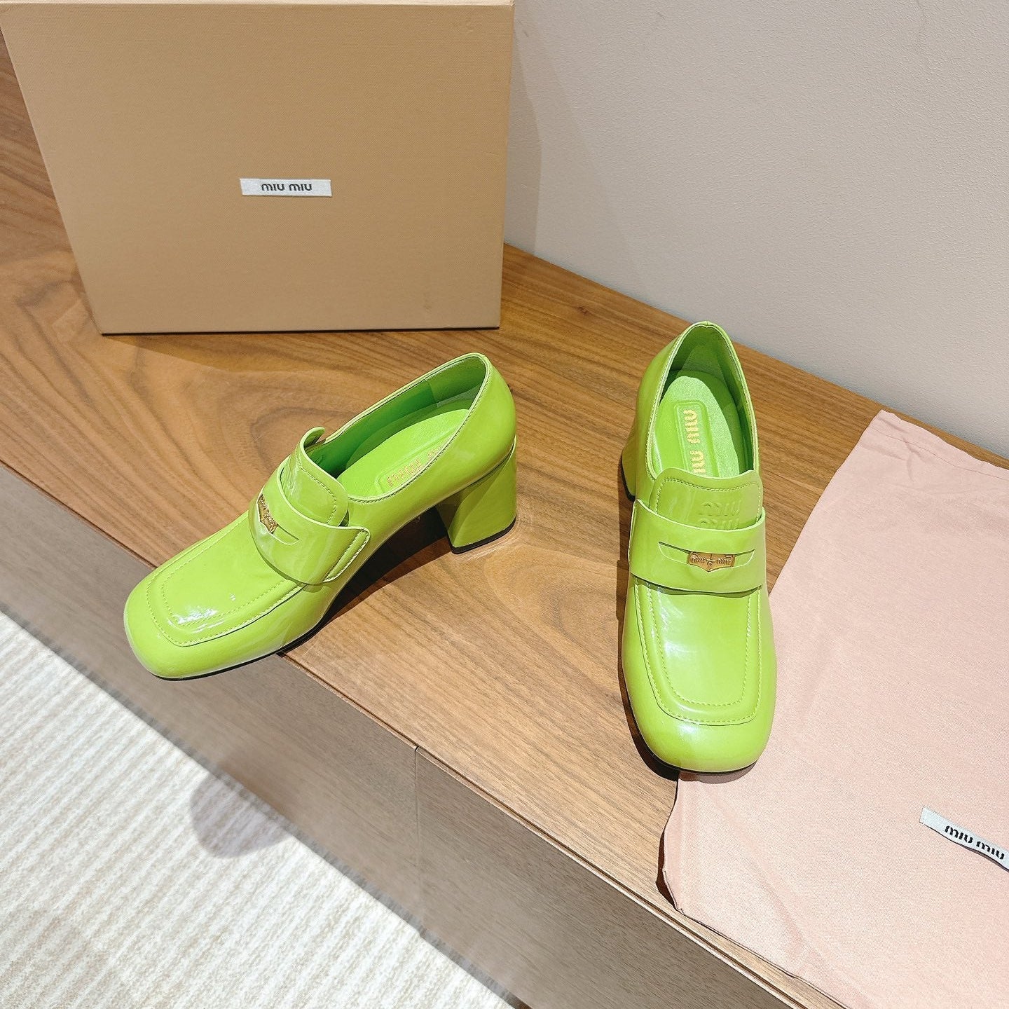 MIUMIU 26S HEEL LOAFERS 75MM IN GREEN GLOSSY CALFSKIN GOLD HARDWARE