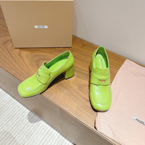 MIUMIU 26S HEEL LOAFERS 75MM IN GREEN GLOSSY CALFSKIN GOLD HARDWARE