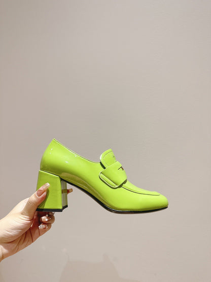 MIUMIU 26S HEEL LOAFERS 75MM IN GREEN GLOSSY CALFSKIN GOLD HARDWARE