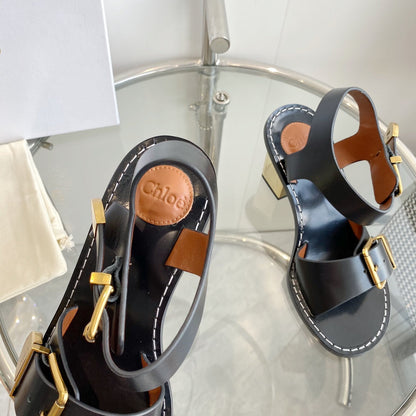 CHLOÉ REBECCA LOW HEELED SANDAL IN BLACK LAMBSKIN GOLD HARDWARE