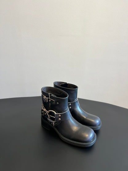 MIUMIU 26S ANKLE BOOTS IN BLACK CALFSKIN SILVER HARDWARE