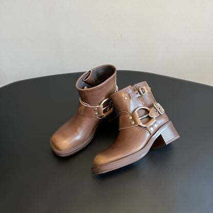 MIUMIU 26S ANKLE BOOTS IN BROWN CALFSKIN SILVER HARDWARE