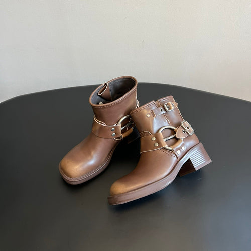 MIUMIU 26S ANKLE BOOTS IN BROWN CALFSKIN SILVER HARDWARE