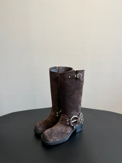 MIUMIU 26S KNEE-HIGH BOOTS IN DARK BROWN SUEDE SILVER HARDWARE