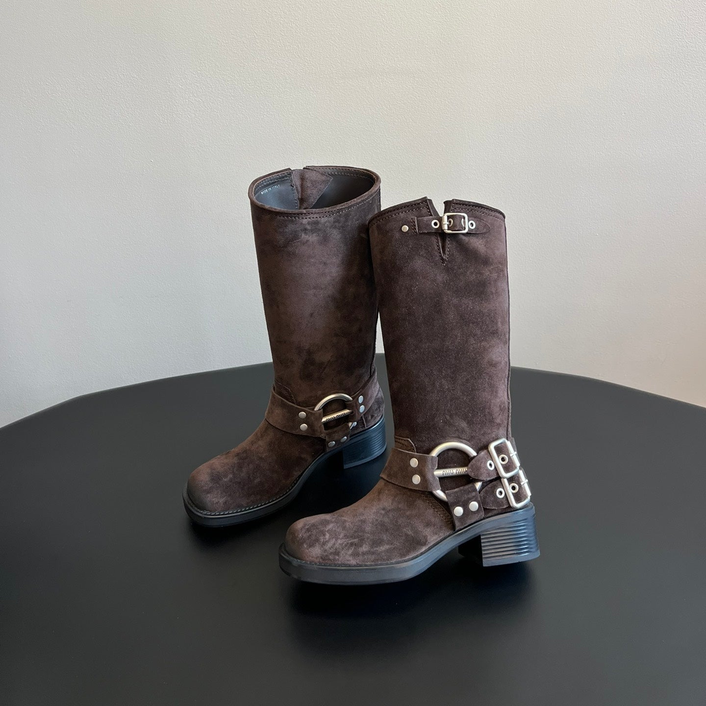 MIUMIU 26S KNEE-HIGH BOOTS IN DARK BROWN SUEDE SILVER HARDWARE