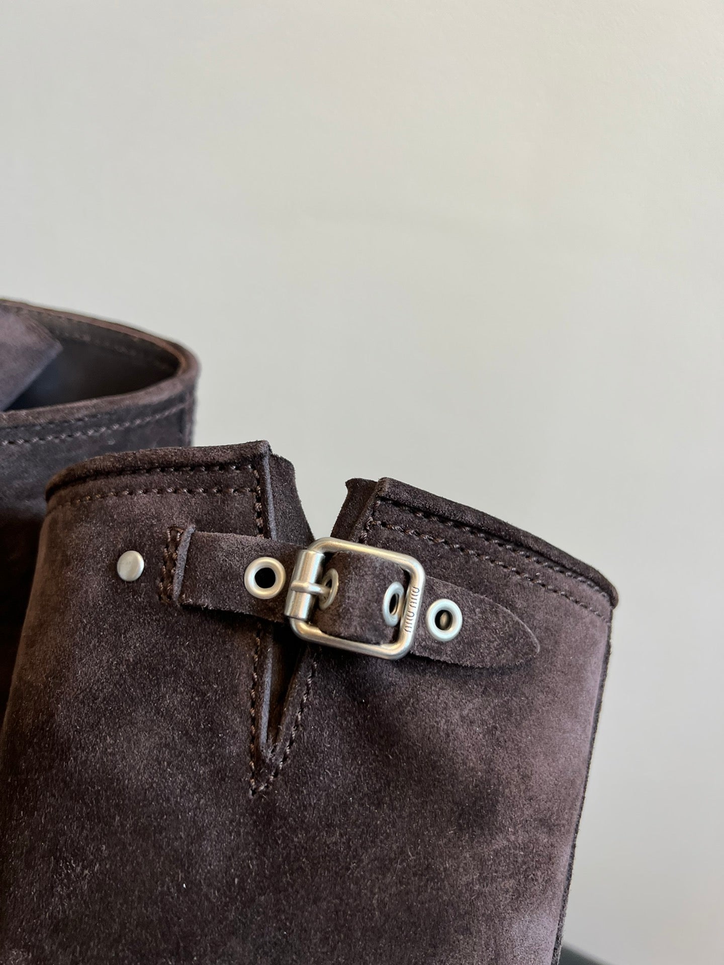 MIUMIU 26S KNEE-HIGH BOOTS IN DARK BROWN SUEDE SILVER HARDWARE