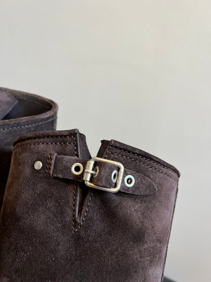 MIUMIU 26S KNEE-HIGH BOOTS IN DARK BROWN SUEDE SILVER HARDWARE