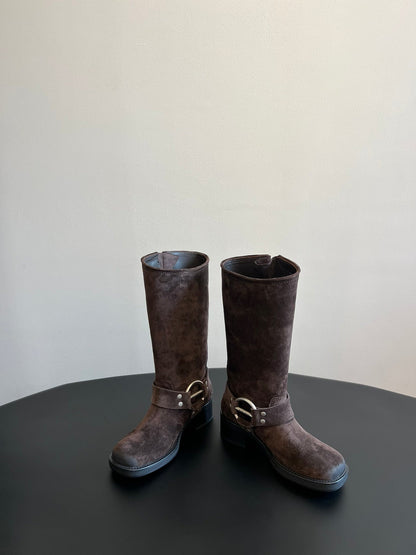MIUMIU 26S KNEE-HIGH BOOTS IN DARK BROWN SUEDE SILVER HARDWARE