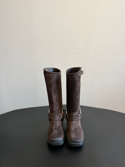 MIUMIU 26S KNEE-HIGH BOOTS IN DARK BROWN SUEDE SILVER HARDWARE