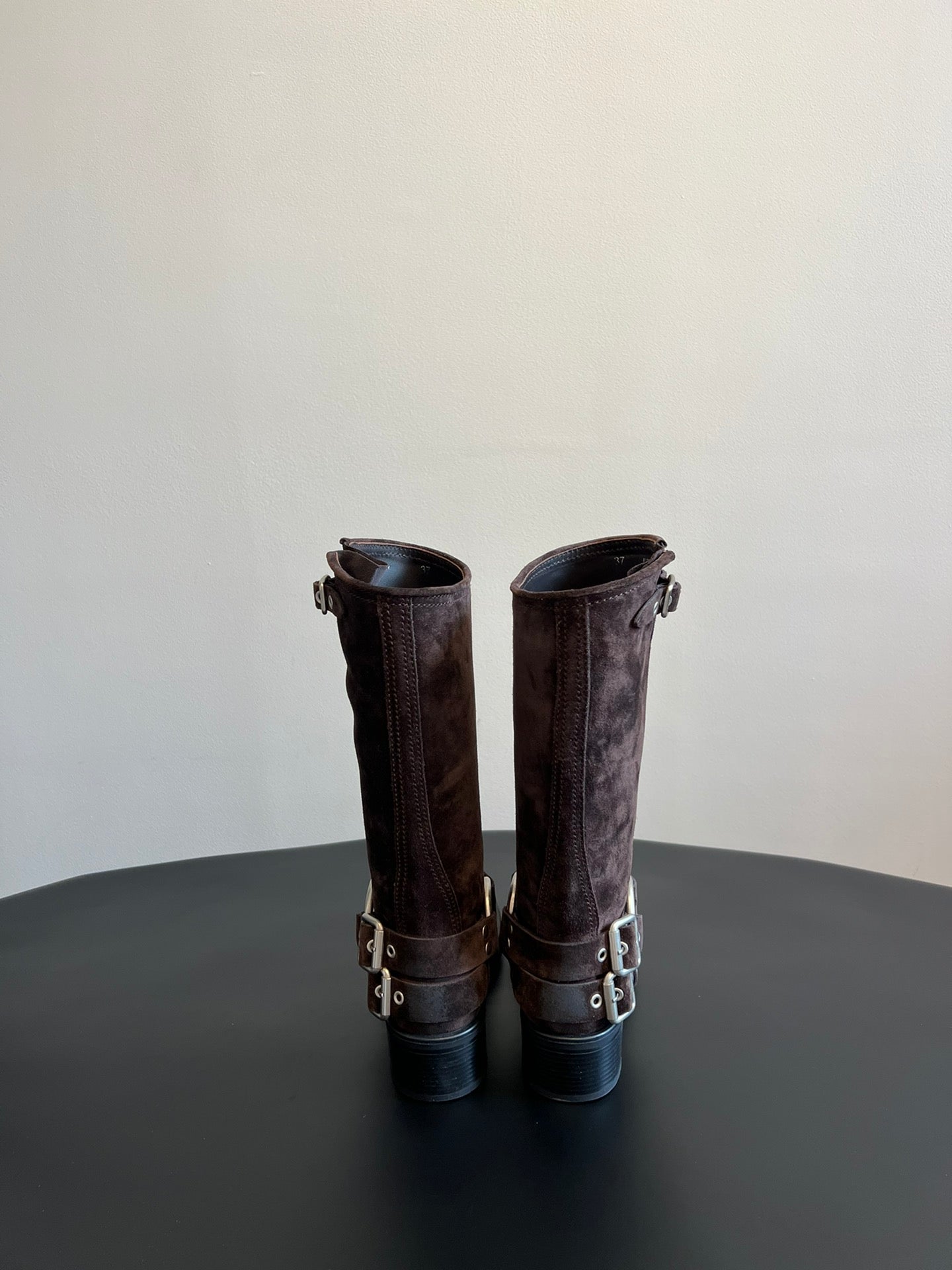MIUMIU 26S KNEE-HIGH BOOTS IN DARK BROWN SUEDE SILVER HARDWARE