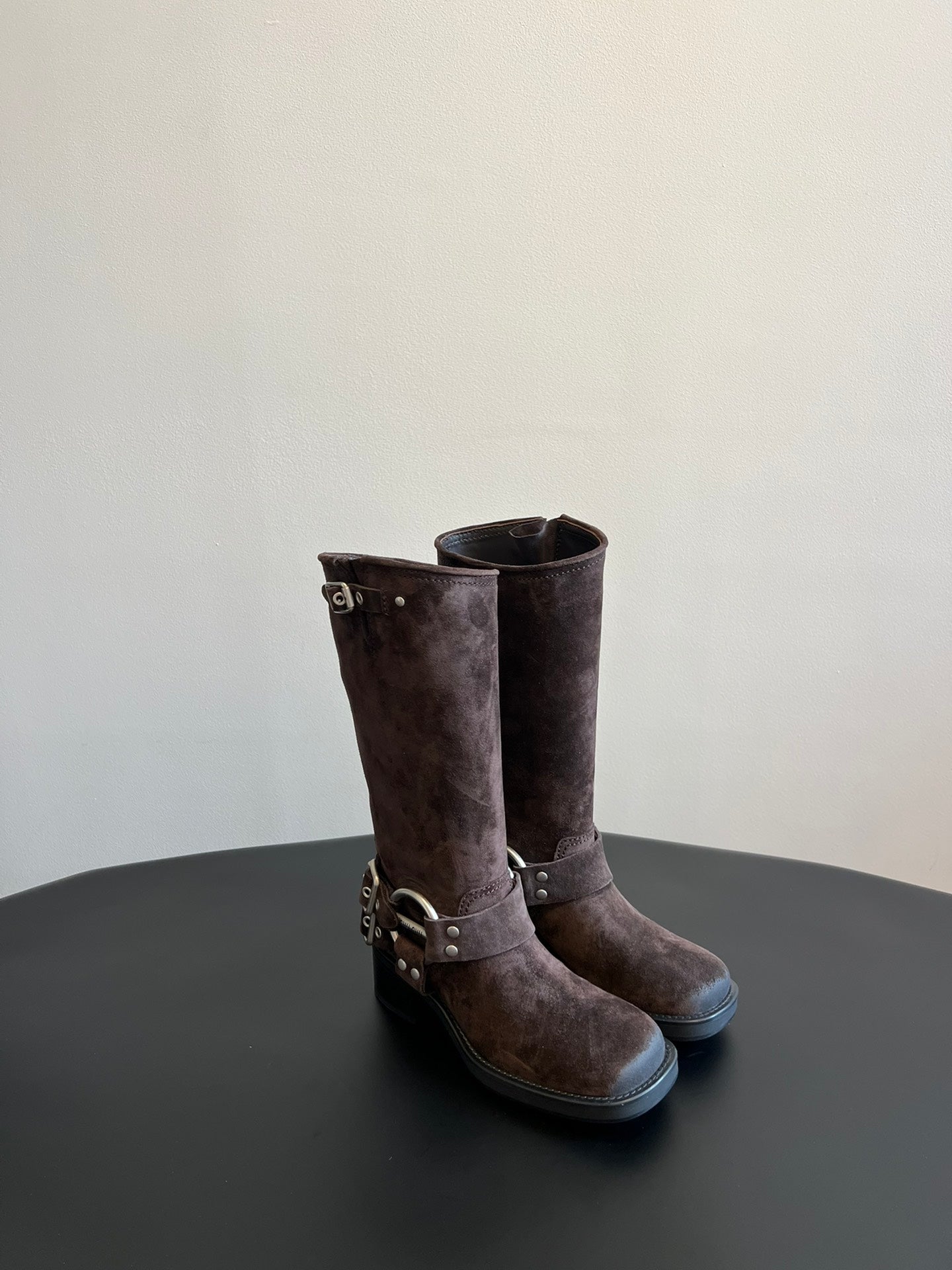 MIUMIU 26S KNEE-HIGH BOOTS IN DARK BROWN SUEDE SILVER HARDWARE