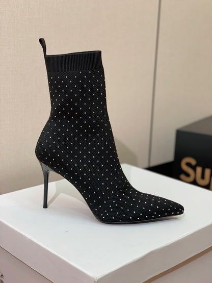 BALMAIN 26S BOOTS 105 MM IN BLACK FLYKNIT STONE EMBELLISHED STYLE 21