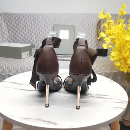 HIGH HEEL 10 CM IN CHOCOLATE BROWN FABRIC AND LAMBSKIN
