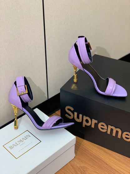 BALMAIN 26S METAL-HEEL SANDALS 105 MM IN PURPLE CALFSKIN