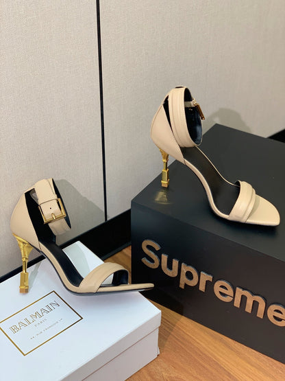 BALMAIN 26S METAL-HEEL SANDALS 105 MM IN BEIGE CALFSKIN