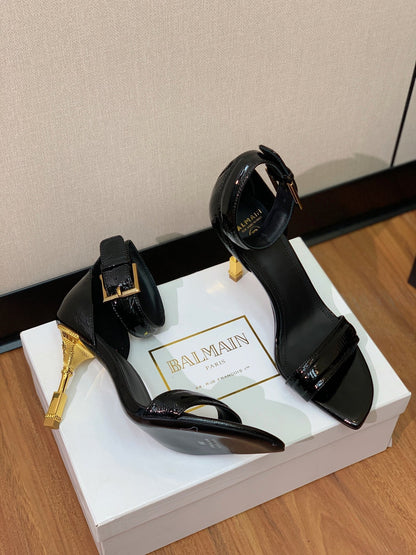 BALMAIN 25S SQUARE STRAP HIGH HEELS 100MM IN BLACK PATENT CALFSKIN