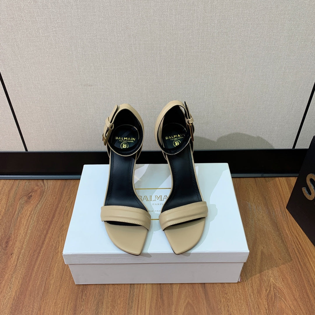 BALMAIN 26S METAL-HEEL SANDALS 105 MM IN DARK BEIGE CALFSKIN