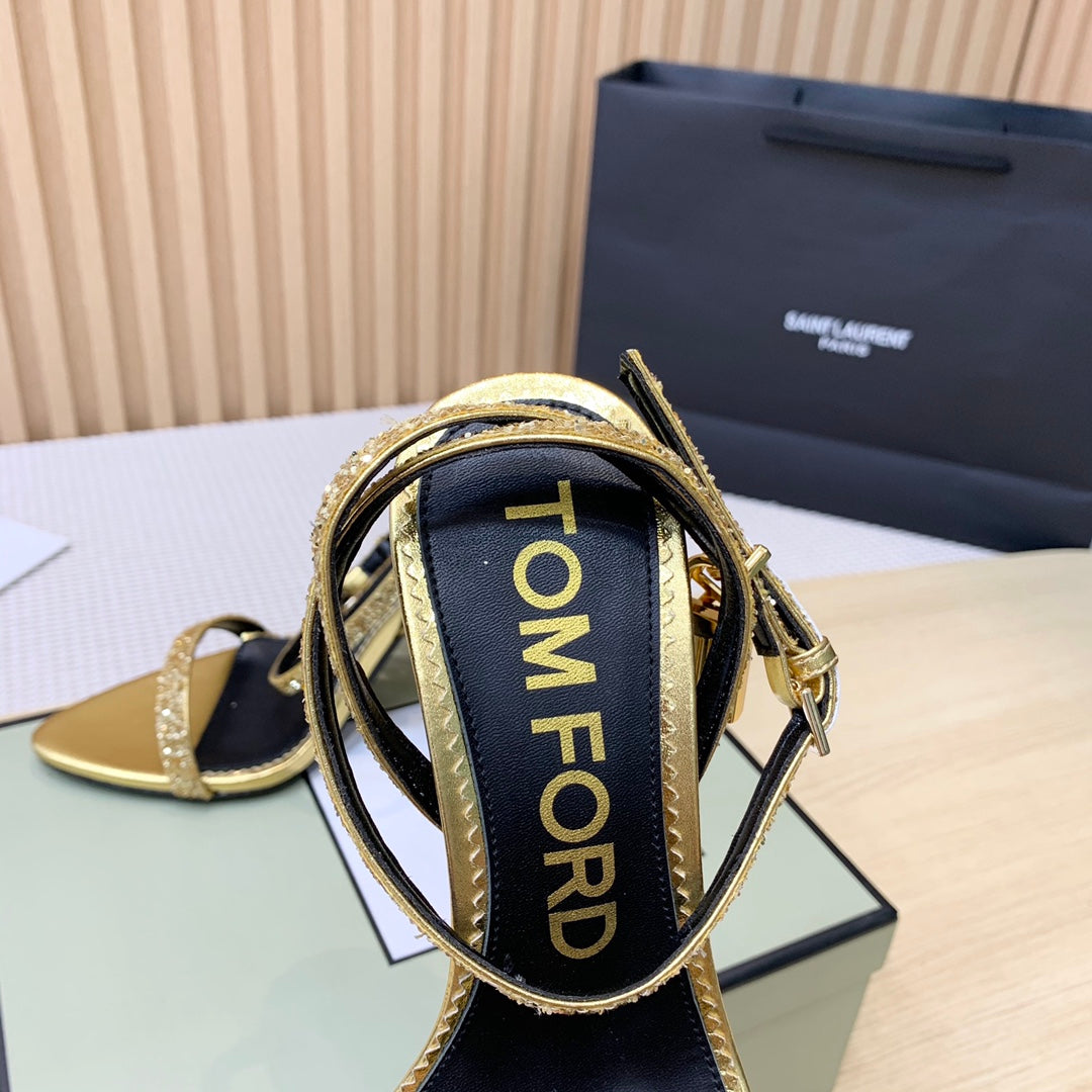 CRYSTAL PADLOCK HIGH HEEL 10 CM SANDAL IN GOLD SHEEPSKIN