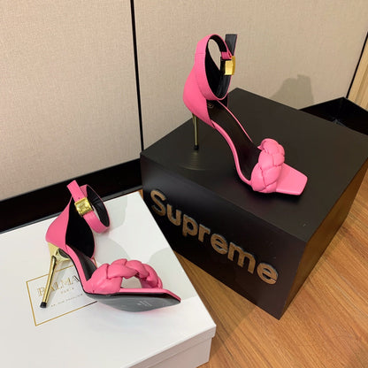 BALMAIN 26S BRAIDED-STRAP HIGH-HEEL SANDALS 95 MM IN PINK CALFSKIN