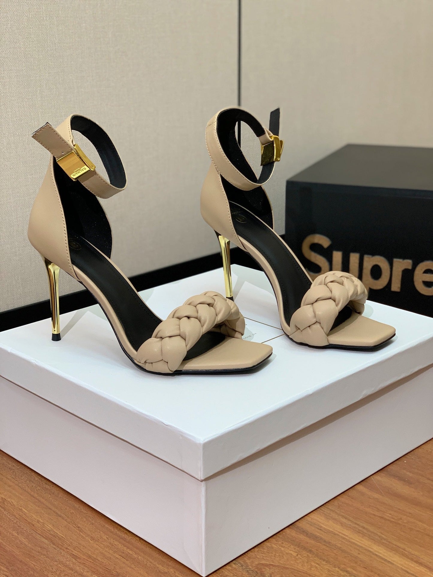 BALMAIN 26S BRAIDED-STRAP HIGH-HEEL SANDALS 95 MM IN BEIGE CALFSKIN