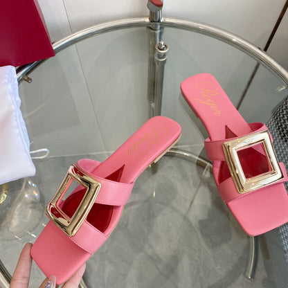 VIV' BY THE SEA LOVE METAL MULES IN PINK CALFSKIN GOLD BUCKLE