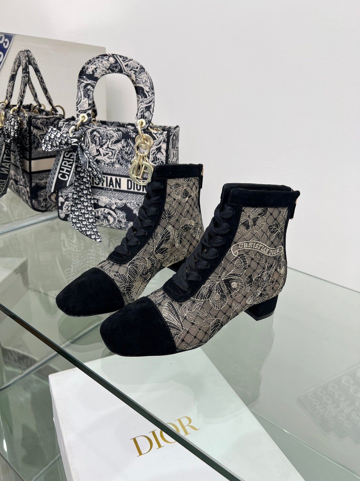 DIOR 25S NAUGHTILY-D ANKLE BOOTS 35 MM IN BLACK MESH TULLE AND SUEDE